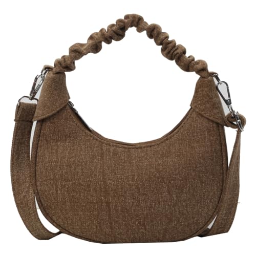 Fiorky Damen-Umhängetasche, plissiert, einfarbig, Denim, Halbmond-Tragetasche, Handtasche, Reißverschluss, Vintage-Unterarmtasche, weibliche Pendeltasche (Khaki) von Fiorky