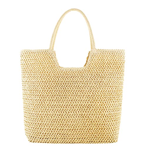 Fiorky Damen-Umhängetasche im Vintage-Stil, große Kapazität, gehäkelte Strandhandtasche, Reißverschluss, Retro-Strohhandtasche, Damen-Sommer-Tagestasche (Beige) von Fiorky