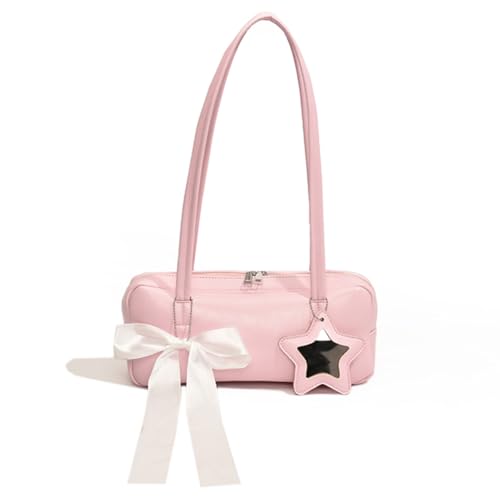 Fiorky Damen-Umhängetasche mit Schleife und Stern-Anhänger, Freizeit-Achselhandtasche, einfarbig, modische Schultertasche, Mädchen-Outdoor-Tagestasche (Rosa) von Fiorky