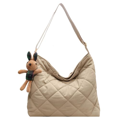 Fiorky Daunen-Hobo-Tasche for Damen mit Anhänger, bauschige Umhängetasche, großes Fassungsvermögen, Umhängetasche, Schultertasche, gepolsterte Umhängetasche, Herbst-Winter-Tasche (Khaki) von Fiorky