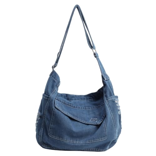 Fiorky Denim-Umhängetasche, großes Fassungsvermögen, Segeltuch, trendige Umhängetasche mit Reißverschluss, verstellbarer Riemen, lässige Schultertasche, mehrere Taschen, Messenger-Tasche for von Fiorky