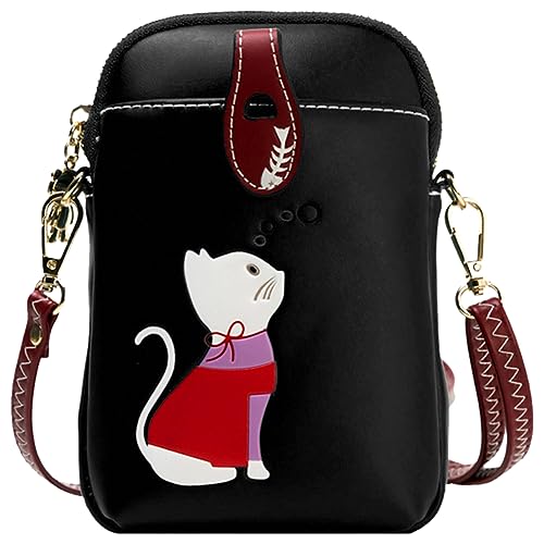 Fiorky Frauen Kawaii Umhängetasche Leichte Vielseitige Münze Beutel PU Leder Katze Gedruckt Verstellbarer Gurt Weibliche Outdoor Tasche, Schwarz , Casual von Fiorky