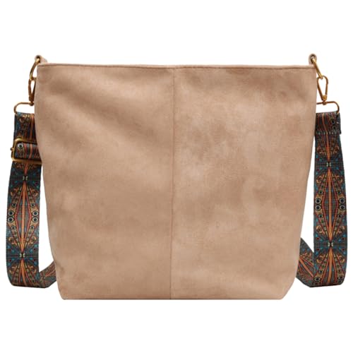 Fiorky Frauen Stilvolle Hobo Tasche Einfarbig Wildleder Mode Umhängetasche Große Kapazität Vintage Crossbody Tote Bag Breiter Druck Gurt for Herbst Winter, khaki, 31*12*26 cm/12.2x4.72x10.24inch von Fiorky