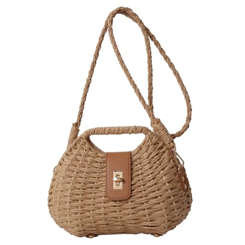 Fiorky Gewebte Umhängetasche for Damen, großes Fassungsvermögen, Rattan-geflochtene Strohtasche, handgefertigte Schulterhandtaschen, leicht, zum Einkaufen, Pendeln (Khaki) von Fiorky