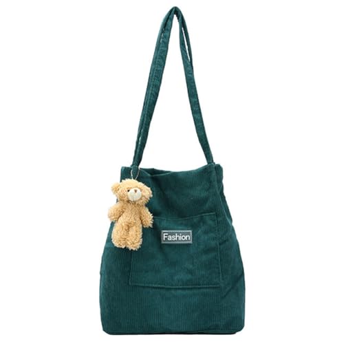 Fiorky Lässige Damen-Tragetaschen, einfarbig, weicher Cord, stilvolle Umhängetasche, großes Fassungsvermögen, vielseitige modische Schultasche mit Vordertasche und Bärenanhänger for Büro, Sc von Fiorky