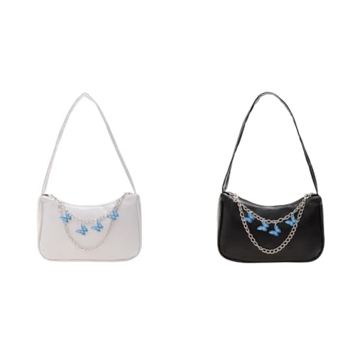 Fiorky Retro Damen-Unterarmtasche mit Schmetterlingskette, lässig, PU, ​​kleine Handtaschen (weiß) von Fiorky
