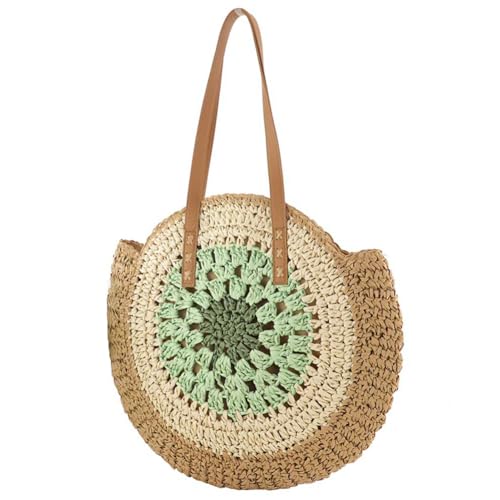 Fiorky Runde Sommer-Strohtasche mit Reißverschluss, Strand-Umhängetasche mit Farbkollision, große gewebte Strandtasche, Urlaubs-Reisehandtasche for Frauen und Mädchen (grün) von Fiorky