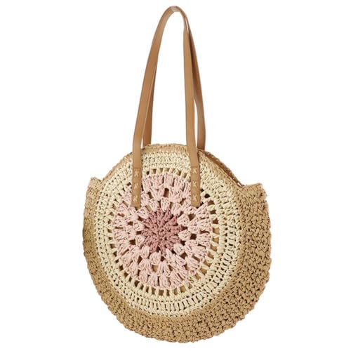 Fiorky Runde Strand-Umhängetasche mit Reißverschluss, lässige Tragetasche mit Farbkollision, große gewebte Strandtasche, Urlaubs-Reisehandtasche for Frauen und Mädchen (Rosa) von Fiorky