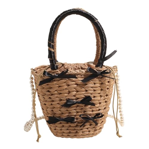 Fiorky Sommer-Strohtasche mit niedlicher Schleife und Perlenkettenriemen, Strand-Umhängetasche, Urlaubsreise-Handtasche, Umhängetasche for Damen (Khaki) von Fiorky