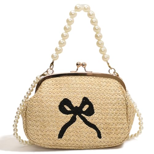 Fiorky Strand-Umhängetasche mit niedlicher Schleife und Perlenkettenriemen, modische Handtasche, Kiss Lock, gewebte Strandtasche, Umhängetasche for Damen (Khaki) von Fiorky