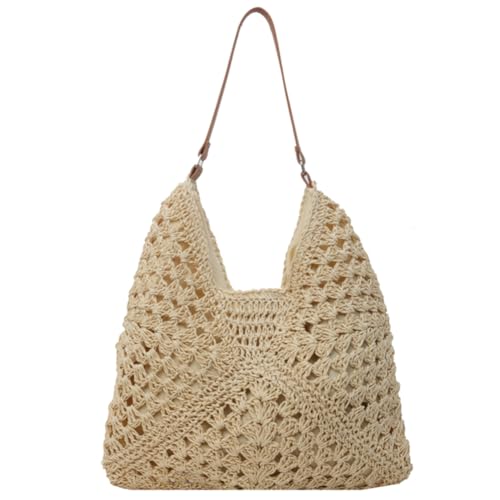 Fiorky Stroh-Umhängetasche für Damen, Strand-Mesh-Einkaufstasche, Sommer-Strohtasche, ausgehöhlte Strand-Umhängetasche, große Unterarmtasche, Urlaubsreise-Handtasche, Boho-Umhängetasche von Fiorky