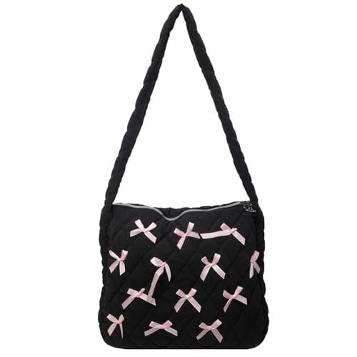 Fiorky Süße kleine Schleife, trendige Umhängetasche, weiche Hobo-Tasche mit Reißverschluss, modische Handtasche, gesteppt, lässige Schultertasche for Damen (schwarz) von Fiorky