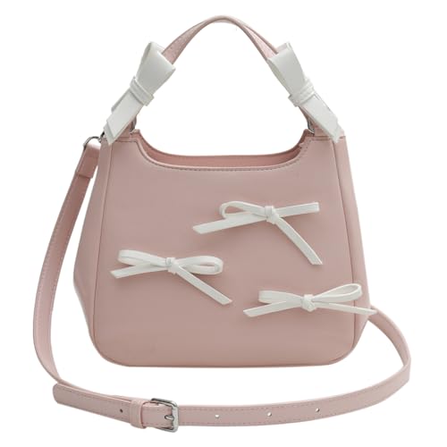 Fiorky Sweet Bow Ästhetische Umhängetasche, PU-Leder, trendige Tragetasche, Kontrastfarbe, lässige Schultertasche mit verstellbarem Riemen, Henkeltasche for Damen und Mädchen (Pink) von Fiorky