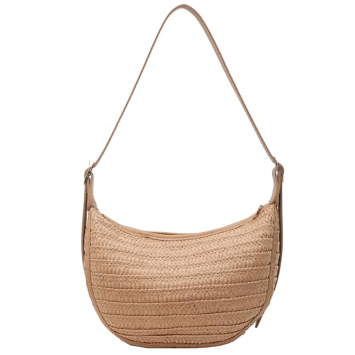 Fiorky gewebte Strohtasche, große Umhängetasche mit Reißverschluss, Schultertasche, Urlaubsreise-Handtasche, Halbmondtasche for Frauen und Mädchen (Khaki-Stil 1) von Fiorky