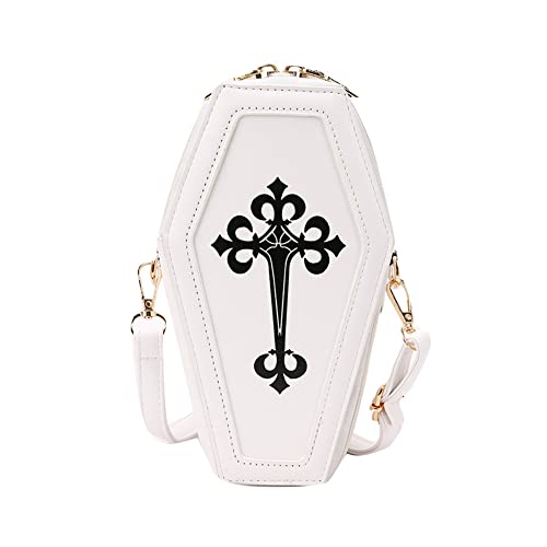 Retro Gothic Messenger Pouch Coffin Shape Crossbody Bags Halloween Handtasche Neuheit Tasche Geldbörse mit verstellbarem Riemen PU Leder Schultertaschen for Frauen Mädchen Mottoparty, weiß von Fiorky