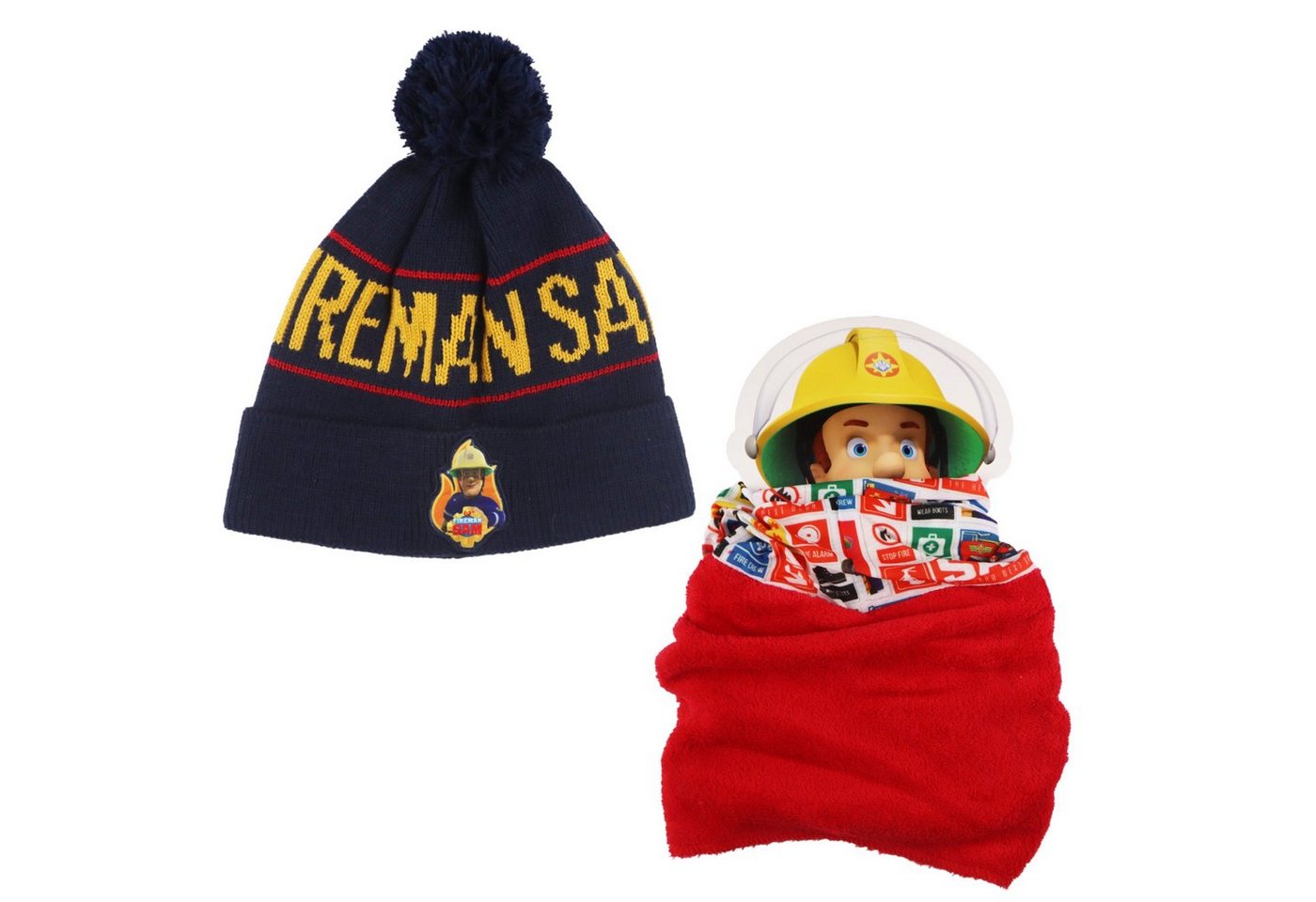 Fireman Sam Schlupfmütze Feuerwehrmann Sam Winter Set Wintermütze plus Snood Schaal Gr. 52 oder 54 von Fireman Sam