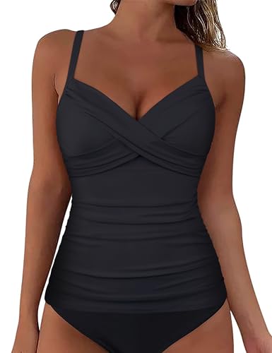 Firpearl Bügel-Tankini-Badeanzüge für Damen, gedrehter V-Ausschnitt, Badeoberteil für große Brustkontrolle, Badeanzug, nur Oberteile, Schwarz, 38 von Firpearl