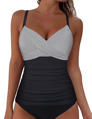 Firpearl Bügel-Tankini-Badeanzüge für Damen, gedrehter V-Ausschnitt, Badeoberteil für große Brustkontrolle, Badeanzug, nur Oberteile, Schwarz-weiße Streifen, 44 von Firpearl