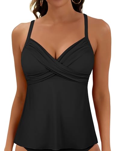 Firpearl Damen Bügel-Tankini-Oberteil, nur gedrehter V-Ausschnitt, Badeanzüge für große Brust, lockere Passform, Badeanzug-Tops, Schwarz, 42 von Firpearl