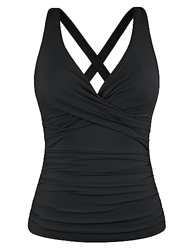 Firpearl Damen-Tankini-Top, Bügel-Tankini, nur gedrehter V-Ausschnitt, Badeanzüge für große Brust, gerüscht, Bauchkontrolle, Badeanzüge Top, Schwarz, 40 von Firpearl