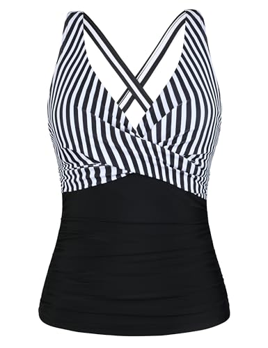 Firpearl Damen-Tankini-Top, Bügel-Tankini, nur gedrehter V-Ausschnitt, Badeanzüge für große Brust, gerüscht, Bauchkontrolle, Badeanzüge Top, Schwarz-weiß gestreift, 44 von Firpearl