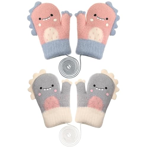 Firtink Baby Kinder Winter Handschuhe Unisex Baby Fäustlinge Cartoon Fausthandschuh Fäustlinge auf Schnur Warme Gestrickte Fäustlinge für Baby Mädchen Jungen(3-4Y Grau und Rosa) von Firtink