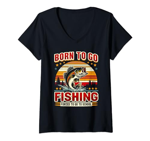 Damen Lustiges Angeln für Jungen, Kinder, Jugendliche und Jugendliche | Born To Go Fishing T-Shirt mit V-Ausschnitt von Fishing & Bass Fish Angler Gifts for Kids & Men