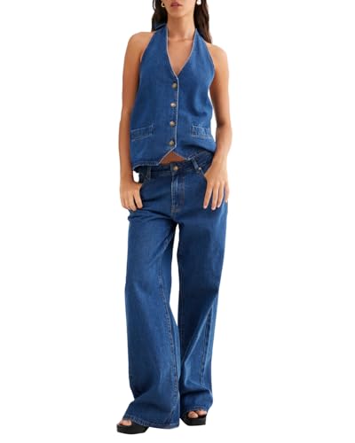 Fisoew Zweiteiliges Denim-Set für Damen, Knopfleiste, rückenfrei, Tanktop und Jeans mit weitem Bein, 2-teiliges Outfit, Marineblau, S von Fisoew