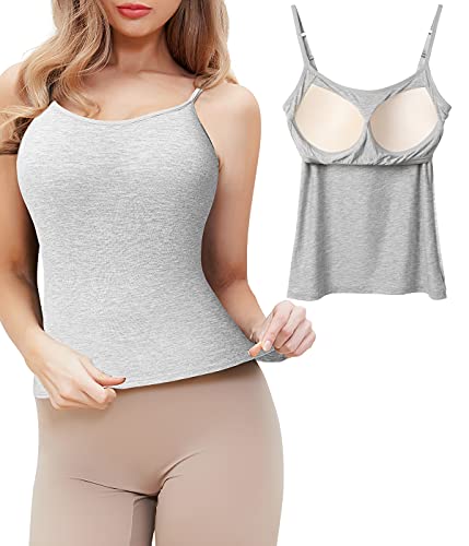 FitValen Spaghettiträger Unterhemd Damen Spaghetti Tops mit Integriertem BH Ohne Bügel Shaping Hemd Basic Verstellbare Trägertop Formende Unterhemden Bügelloser BH Tank Top Grau L von FitValen