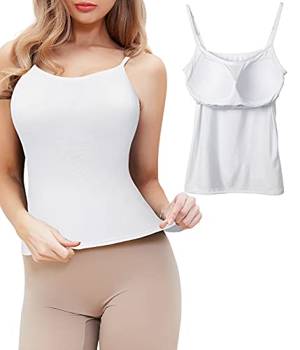 FitValen Spaghettiträger Unterhemd Damen Spaghetti Tops mit Integriertem BH Ohne Bügel Shaping Hemd Basic Verstellbare Trägertop Formende Unterhemden Bügelloser BH Tank Top Weiß 2XL von FitValen