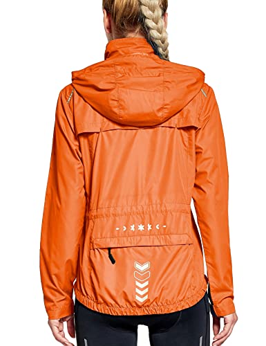 FitsT4 Sports Damen Fahrradjacke Radfahren Laufen Jacken Leichtgewicht Wasserdicht Windbreaker Wanderjacke Reflektierend Trekking Regenjacke mit Kapuze,Orange,L von FitsT4 Sports