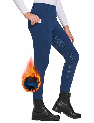 FitsT4 Sports Kinder Winterreithose Mädchen Reitleggings Silikon Vollbesatz Reithose mit Taschen,Militärblau,S von FitsT4 Sports