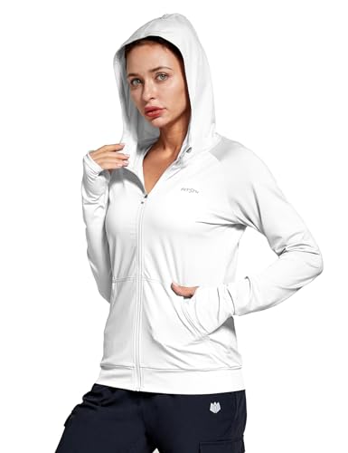 FitsT4 Sports Laufjacke Damen Leichte Sportjacke Langarm Fitness Yoga Trainingsjacke voll Zip Funktionsshirt Schnelltrockend Atmungsaktiv mit Kapuze, Daumenloch und Taschen,Weiß,XXL von FitsT4 Sports