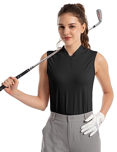 FitsT4 Sports Damen Golf Shirt Sport T-Shirt Ärmelloses Atmungsaktiv Tennis Shirt Oberteile Workout Tank Tops mit Reißverschluss,Schwarz,M von FitsT4 Sports