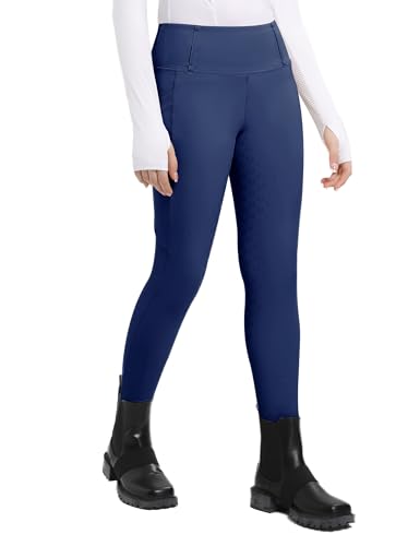 FitsT4 Sports Kinder Reithose Mädchen Reitleggings Silikon Vollbesatz Hohe Taille Reiten Hosen mit 2 Seitlichen Reißverschluss Taschen und Gürtelschlaufen,Marineblau,XS(116) von FitsT4 Sports