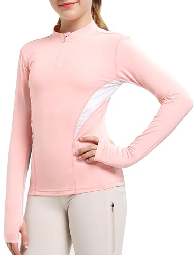 FitsT4 Sports Kinder Sonnenschutz Shirt Langarm Turniershirt Reitshirt Half Zip Schnelltrocknend Sommer trocken Mädchen Daumenloch Sweatshirts für Outdoor Sport,Rosa,S von FitsT4 Sports