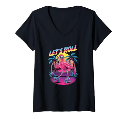 Damen Flamingo Lets Roll Rollschuh Retro Sonnenuntergang Jungen Mädchen Kinder T-Shirt mit V-Ausschnitt Damen Flamingo Lets Roll Rollschuh Retro Sonnenuntergang Jungen Mädchen Kinder T-Shirt mit V-Ausschnitt von FlamingoAxis1