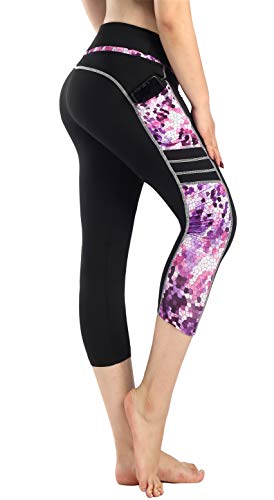 Flatik Damen 3/4 hoher Bund Sport Leggings Sporthose Fitnesshose Training Tights Sporthose für Damen(Lila Geometrie XL) von Flatik