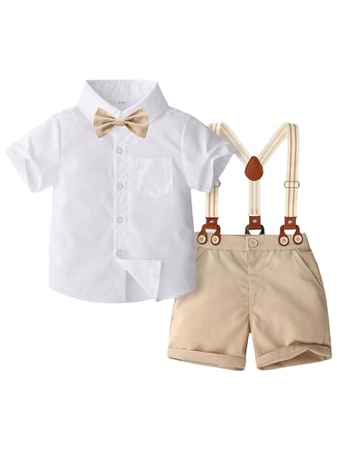 Fldy Baby Jungen Outfit Sommer Festlicher Anzug Gentleman Hemd Kurzarm Mit Fliege Hosenträger Shorts Set Hochzeit Taufe Formelle Kleidung Weiß&Khaki 86-92 von Fldy