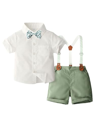 Fldy Baby Jungen Outfit Sommer Festlicher Anzug Gentleman Hemd Kurzarm Mit Fliege Hosenträger Shorts Set Hochzeit Taufe Formelle Kleidung Weiß&Grün 86-92 von Fldy