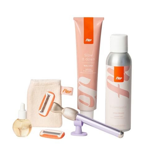 Fler Dream Team Set - Damenrasierer mit Ständer und 2 Ersatzklingen, Unisex-Rasierer, Set mit Mousse zur Haarentfernung, Öl nach der Enthaarung und beruhigender Körpercreme, Klinge mit Aloe Vera von Fler