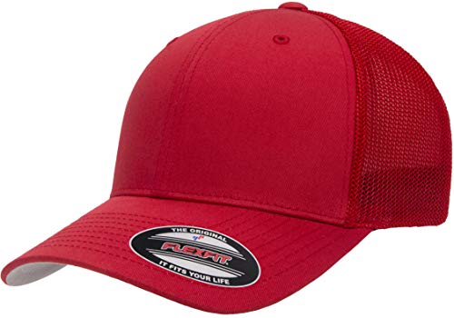 Flexfit Herren Mesh Fitted Trucker-Mütze, Rot/Ausflug, einfarbig (Getaway Solids), Einheitsgröße von Flexfit