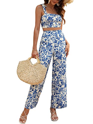 Floerns Damen 2-teiliges Boho Blumendruck Knoten Schulter Reißverschluss Rücken Crop Cami Top und Maxi Hose Set, blau weiß Blume, XS von Floerns