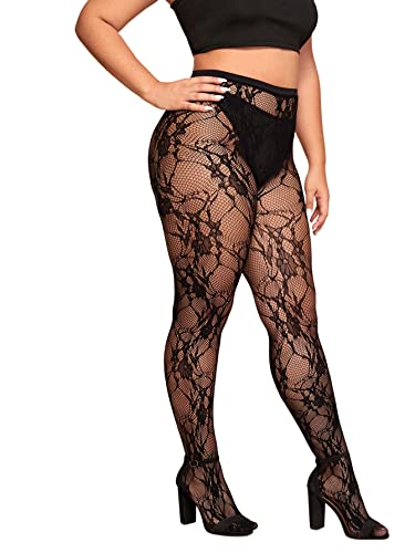 Floerns Damen-Leggings in Übergröße, florales Spitzen-Design, Strumpfhose, Strumpfhosen, schwarz, Einheitsgr��e von Floerns