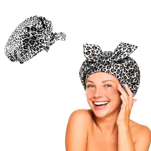 Duschhaube für Frauen, Duschhut, wasserdichte wiederverwendbare Duschhauben, Haarduschhauben für lange Männer, Frauen, seidiger Schlaf-Badehaube für lange lockige, weiße Leopardenmuster Duschhaube für Frauen, Duschhut, wasserdichte wiederverwendbare Duschhauben, Haarduschhauben für lange Männer, Frauen, seidiger Schlaf-Badehaube für lange lockige, weiße Leopardenmuster von Flomiara