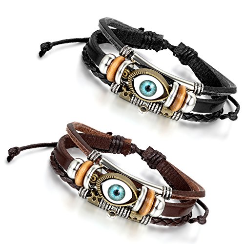 Flongo Lederarmband Männer Armband Frauen Armreif Freundschaftsarmbänder BFF Armbänder für 2 Kordelkette Schwarz Braun Silber Böse Teufel Auge Evil Eye von Flongo