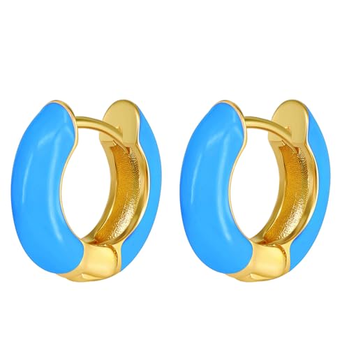 Flongo Creolen Emaille Blau Ohrringe: Damen Chunky Ohrstecker Gold blue zweifarbig silber 925 Edelstahl rund Hoop Huggie earrings hypoallergen glänzend Klappcreolen klein geschenk Frauen Mädchen von Flongo