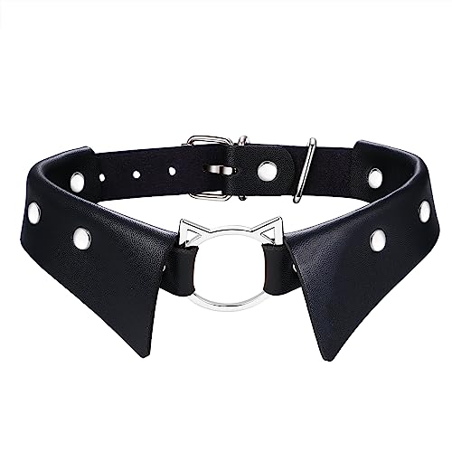 Flongo Damen Choker Leder mit Katze nieten schwarz Gothic Halsband Tattoo Kette mit collar Kragen punk krawatte PU-Leder Halskette mit Herz rock gotik Party Cosplay accessoires für Frauen Mädchen von Flongo