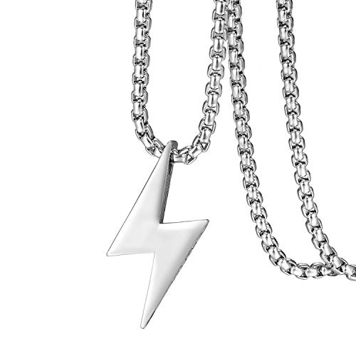 Flongo Herren Kette Blitz Edelstahl: Männer Halskette Silber mit Lightning kettenanhänger silberkette Necklace Punk Cuban Chain panzerkette plattenkette Modeschmuck Geschenke für Jungs Kinder von Flongo