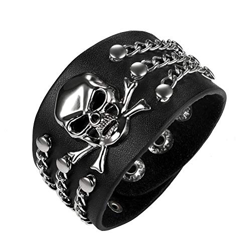 Flongo Herren Armband Lederarmband Totenkopf: Männer Herrenarmband schwarz groß breit Leder Armreif mit Schädel Kette men Accessoires Modeschmuck Biker Geschenk für Vater Sohn Freund von Flongo